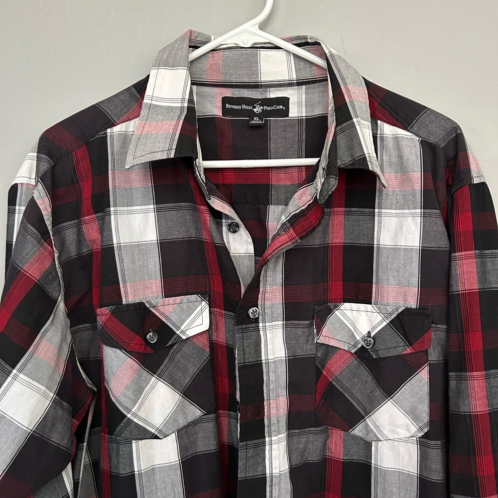Beverly Hills Polo Club Red Black White Plaid Button-Down Shirt